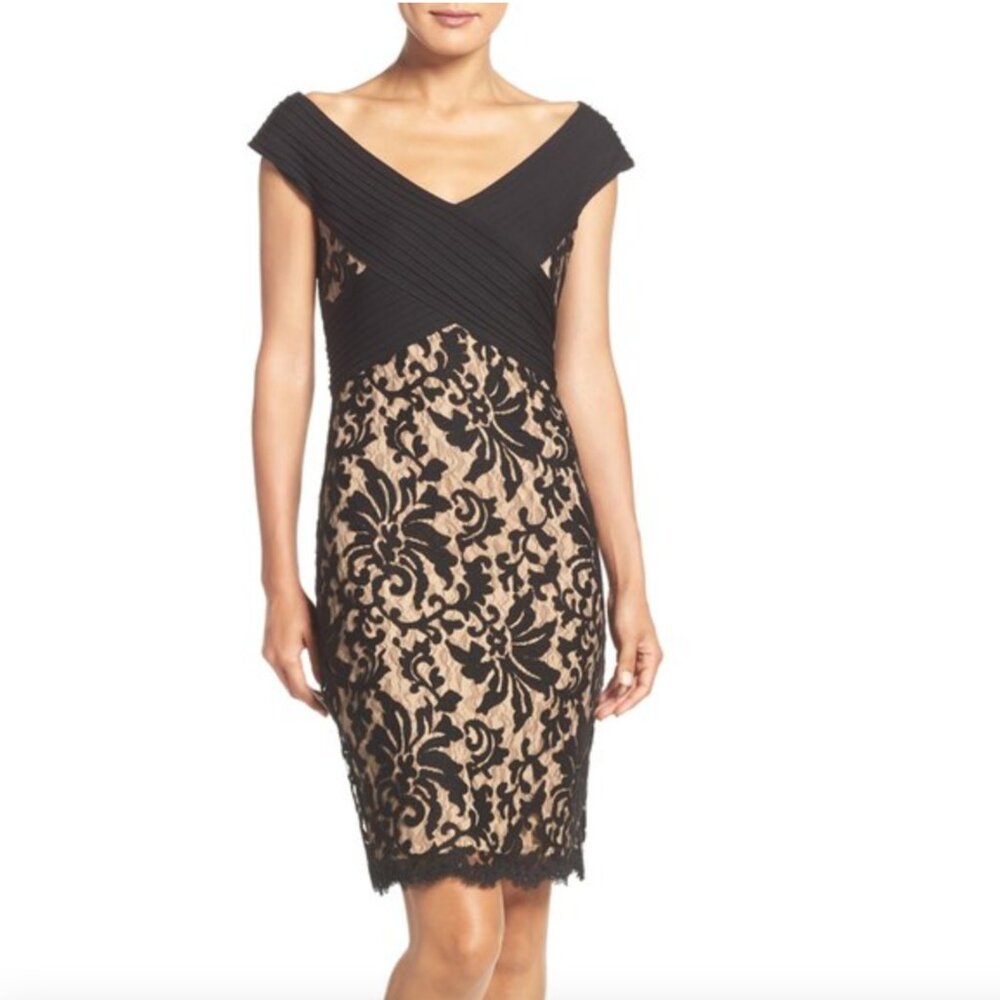Tadashi Shoji Lace Illusion Sheath Dress PIntuck crossover bodice Formal sz 8